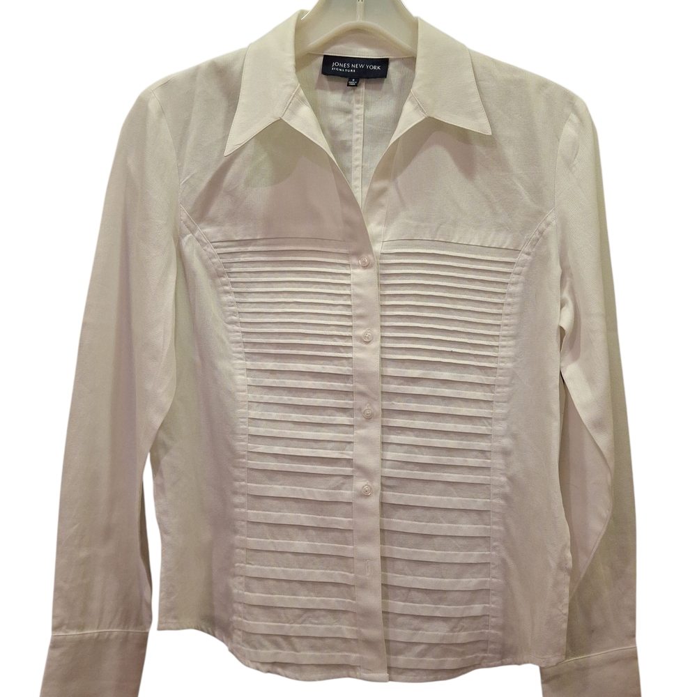 "Jones New York" White Pleated Long Sleeve Button Down Shirt.Sz.S. Perfect cond.